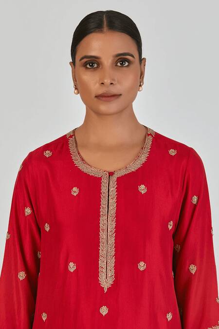 Buy_Lajjoo C_Red Silk Embroidery Marodi Round Adiya Floweret Kurta With Palazzo 