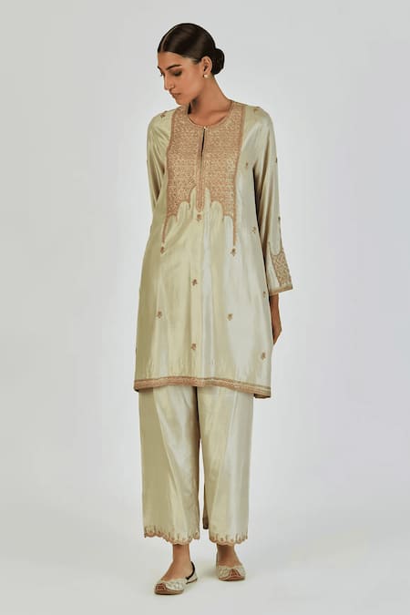 Lajjoo C Green Silk Embroidery Marodi U Neck Indrani Torana Jaal Kurta With Palazzo 