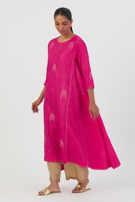 Lajjoo C Fuchsia Silk Embroidered Parrot Round Sujata Kurta And Pant Set Online at Aza Fashions Lajjoo C_Fuchsia Silk Embroidered Parrot Round Sujata Kurta And Pant Set _Online_at_Aza_Fashions