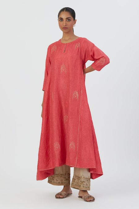 Lajjoo C Coral Silk Embroidered Parrot Round Sujata A-line Kurta And Pant Set 