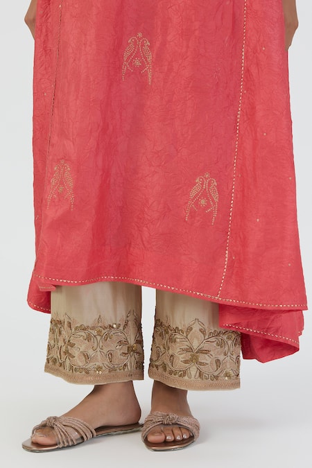 Lajjoo C_Coral Silk Embroidered Parrot Round Sujata A-line Kurta And Pant Set _at_Aza_Fashions