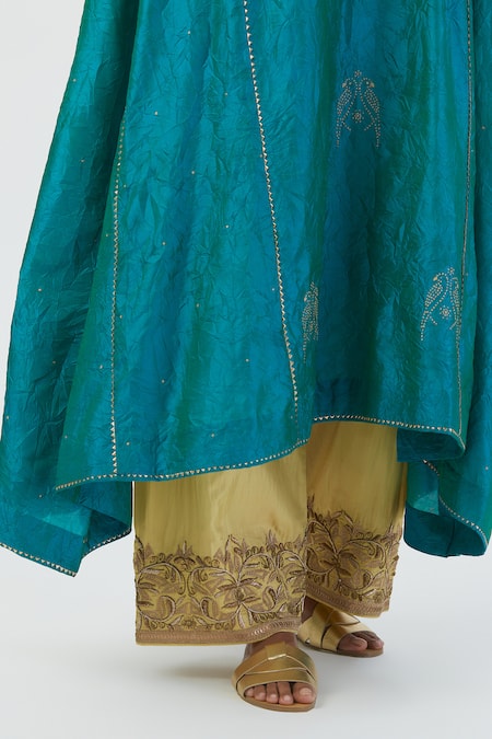 Lajjoo C_Blue Silk Embroidered Parrot Round Sujata Aari Kurta And Pant Set _at_Aza_Fashions