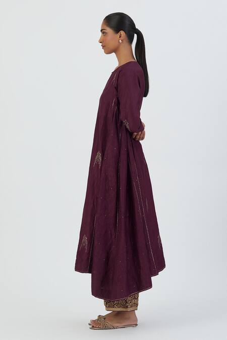 Lajjoo C_Wine Silk Embroidered Parrot Round Sujata Kurta And Pant Set _Online_at_Aza_Fashions