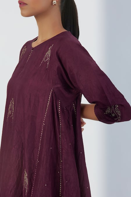 Shop_Lajjoo C_Wine Silk Embroidered Parrot Round Sujata Kurta And Pant Set _Online_at_Aza_Fashions