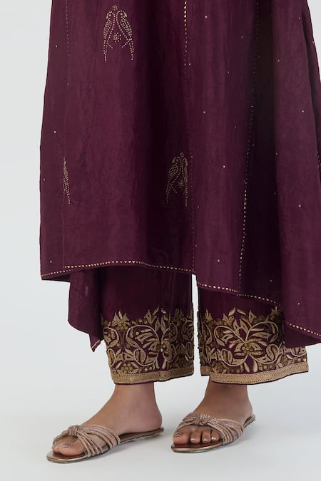 Lajjoo C_Wine Silk Embroidered Parrot Round Sujata Kurta And Pant Set _at_Aza_Fashions