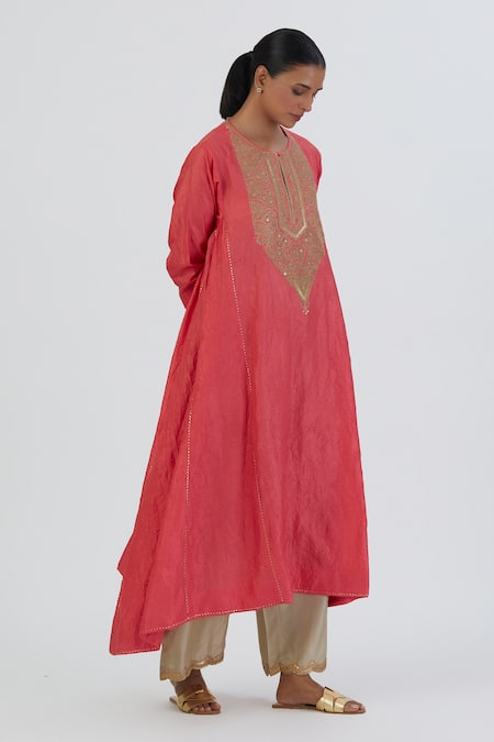 Lajjoo C Coral Silk Embroidered Round Smita Kurta And Pant Set 