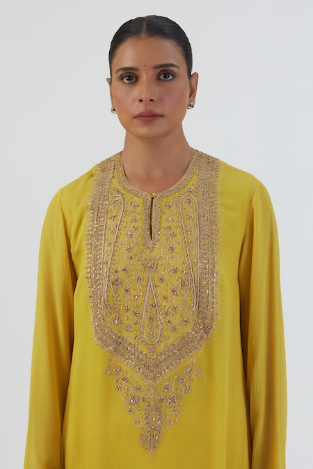 Shop_Lajjoo C_Yellow Kurta- Chiffon Embroidered Zardozi Round Zoya And Pant Set _Online_at_Aza_Fashions