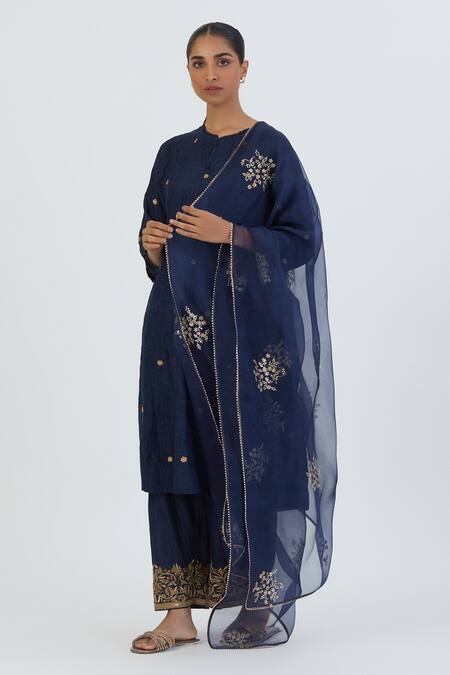 Shop_Lajjoo C_Blue Silk Embroidered Zardozi Notched Zara Kurta And Pant Set _Online_at_Aza_Fashions
