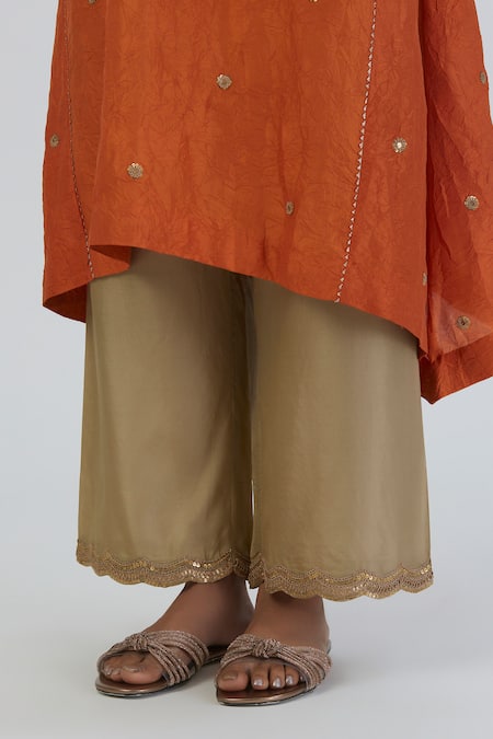 Shop_Lajjoo C_Orange Silk Embroidered Zardozi Round Meer Floral Kurta And Pant Set _Online_at_Aza_Fashions
