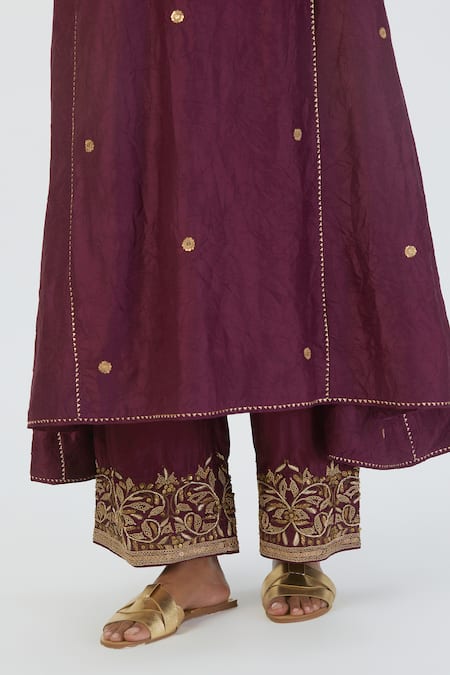 Lajjoo C_Wine Silk Embroidered Zardozi Round Meer Kurta And Pant Set _Online_at_Aza_Fashions