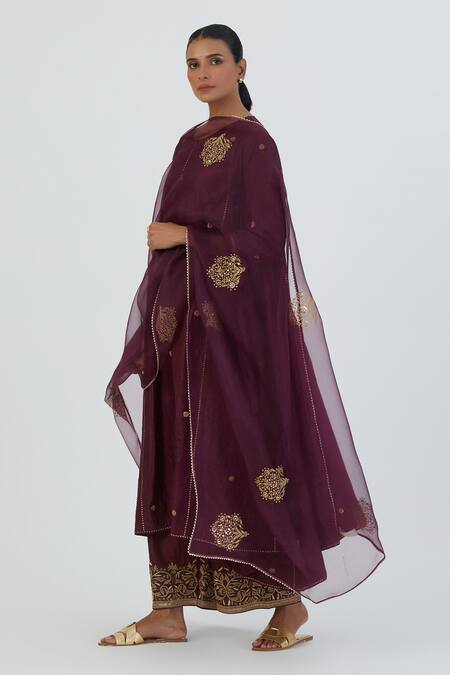 Buy_Lajjoo C_Wine Silk Embroidered Zardozi Round Meer Kurta And Pant Set _Online_at_Aza_Fashions