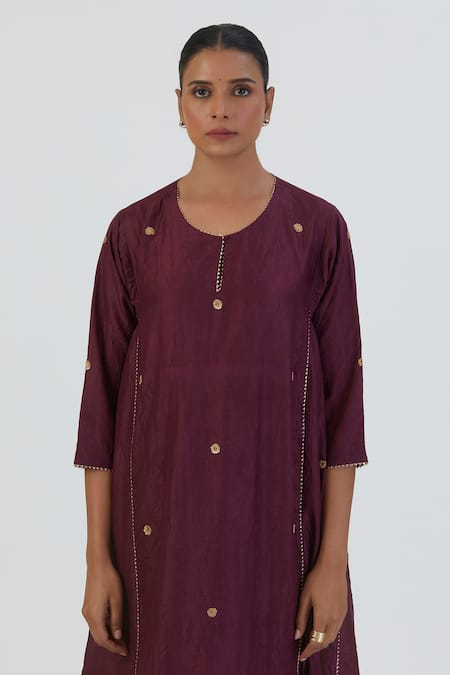 Shop_Lajjoo C_Wine Silk Embroidered Zardozi Round Meer Kurta And Pant Set _Online_at_Aza_Fashions