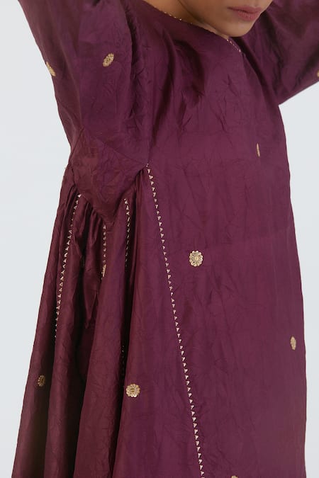 Lajjoo C_Wine Silk Embroidered Zardozi Round Meer Kurta And Pant Set _at_Aza_Fashions