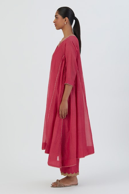 Lajjoo C_Coral Chanderi, Silk Zari, Embroidery Round Neck Jaya Yoke Kurta And Pant Set _Online_at_Aza_Fashions