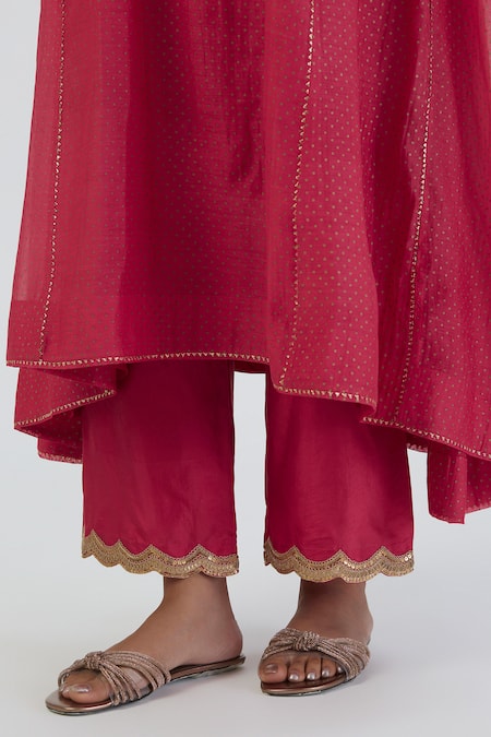 Shop_Lajjoo C_Coral Chanderi, Silk Zari, Embroidery Round Neck Jaya Yoke Kurta And Pant Set _Online_at_Aza_Fashions
