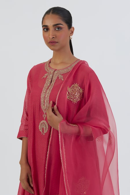 Lajjoo C_Coral Chanderi, Silk Zari, Embroidery Round Neck Jaya Yoke Kurta And Pant Set _at_Aza_Fashions