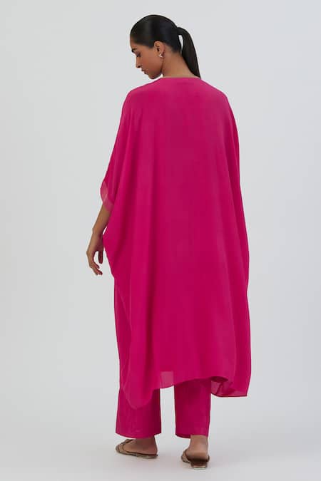 Lajjoo C Fuchsia Zardozi Embroidered Kaftan & Pant Set 