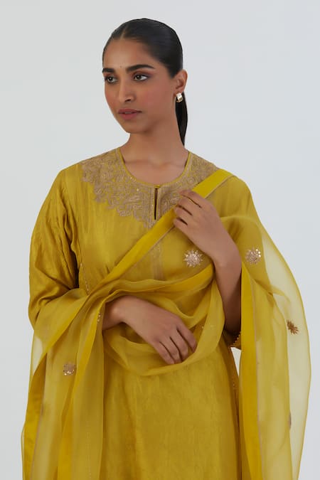 Shop_Lajjoo C_Green Silk Embroidery Round Neck Drishti Kurta And Pant Set _Online_at_Aza_Fashions