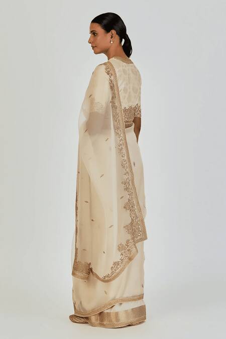 Shop_Lajjoo C_Ivory Silk, Organza Embroidery Deeba Saree _at_Aza_Fashions