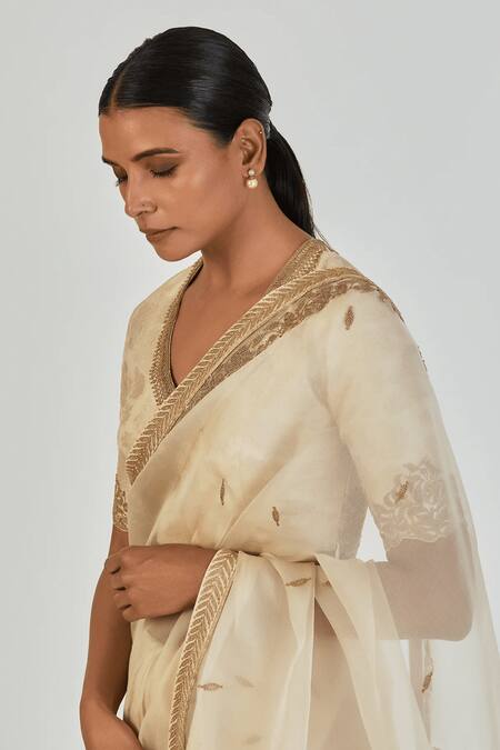 Lajjoo C_Ivory Silk, Organza Embroidery Deeba Saree _Online_at_Aza_Fashions