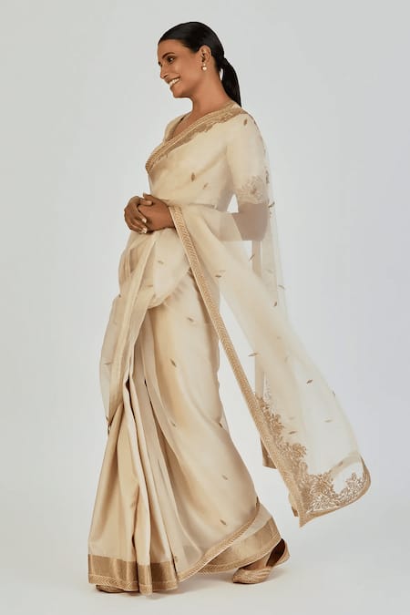 Buy_Lajjoo C_Ivory Silk, Organza Embroidery Deeba Saree _Online_at_Aza_Fashions