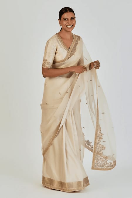 Shop_Lajjoo C_Ivory Silk, Organza Embroidery Deeba Saree _Online_at_Aza_Fashions
