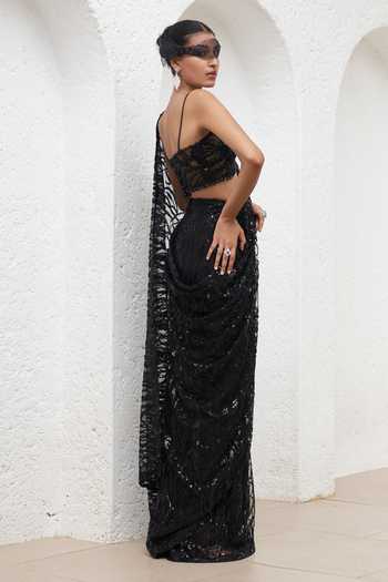 Mahima Mahajan_Black Net, Crepe, Cotton Aarzoo Embellished Pre-stitched Saree With Blouse_Online_at_Aza_Fashions