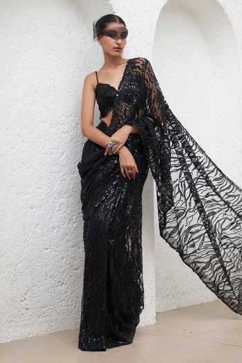 Mahima Mahajan_Black Net, Crepe, Cotton Aarzoo Embellished Pre-stitched Saree With Blouse_at_Aza_Fashions