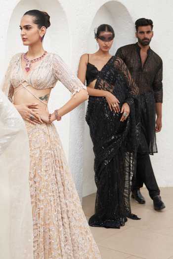 Buy_Mahima Mahajan_Black Net, Crepe, Cotton Aarzoo Embellished Pre-stitched Saree With Blouse