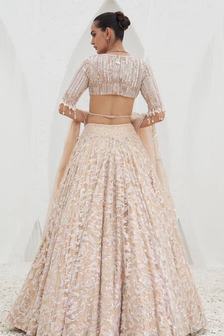 Shop Mahima Mahajan Beige Net Embroidered Crystal Plunge V-neck Samia Swirl Lehenga Set at Aza Fashions Shop_Mahima Mahajan_Beige Net Embroidered Crystal Plunge V-neck Samia Swirl Lehenga Set_at_Aza_Fashions