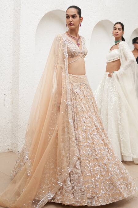 Mahima Mahajan Beige Net Embroidered Crystal Plunge V-neck Samia Swirl Lehenga Set Online at Aza Fashions Mahima Mahajan_Beige Net Embroidered Crystal Plunge V-neck Samia Swirl Lehenga Set_Online_at_Aza_Fashions