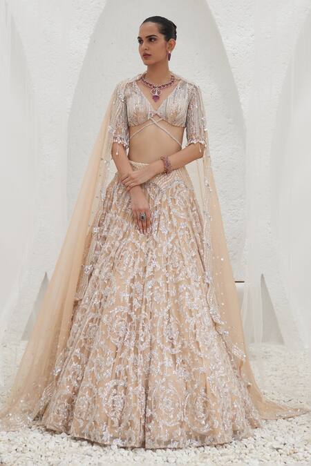 Shop Mahima Mahajan Beige Net Embroidered Crystal Plunge V-neck Samia Swirl Lehenga Set Online at Aza Fashions Shop_Mahima Mahajan_Beige Net Embroidered Crystal Plunge V-neck Samia Swirl Lehenga Set_Online_at_Aza_Fashions