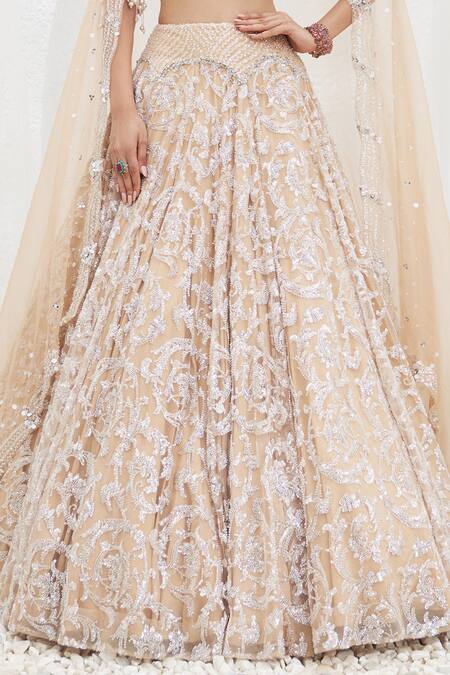 Mahima Mahajan Beige Net Embroidered Crystal Plunge V-neck Samia Swirl Lehenga Set at Aza Fashions Mahima Mahajan_Beige Net Embroidered Crystal Plunge V-neck Samia Swirl Lehenga Set_at_Aza_Fashions