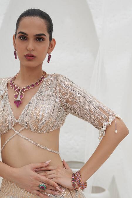 Shop Mahima Mahajan Beige Net Embroidered Crystal Plunge V-neck Samia Swirl Lehenga Set Shop_Mahima Mahajan_Beige Net Embroidered Crystal Plunge V-neck Samia Swirl Lehenga Set