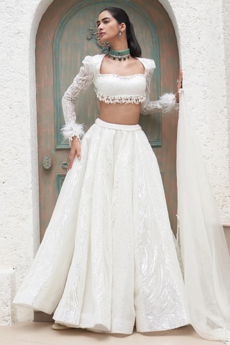 Mahima Mahajan Ivory Net Embroidered Crystal Square Taj Wave Embellished Lehenga Set