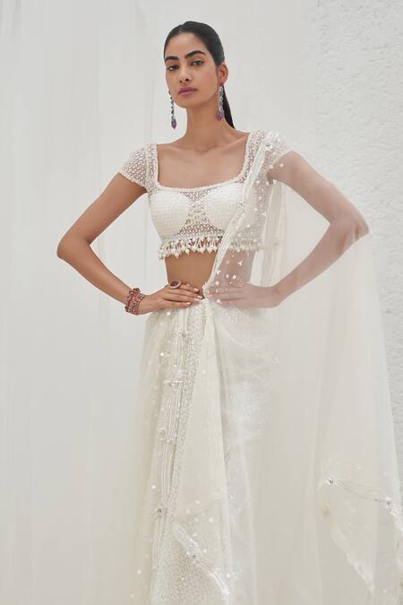 Mahima Mahajan_Ivory Net, Cotton Satin, Tehzeeb Embellished Pre-stitched Saree With Blouse_Online_at_Aza_Fashions