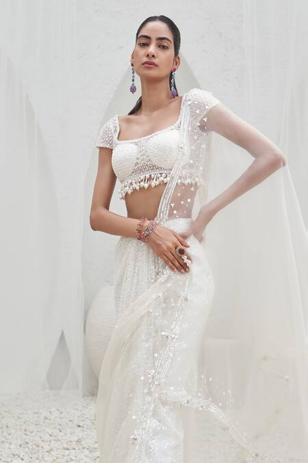 Buy_Mahima Mahajan_Ivory Net, Cotton Satin, Tehzeeb Embellished Pre-stitched Saree With Blouse_Online_at_Aza_Fashions