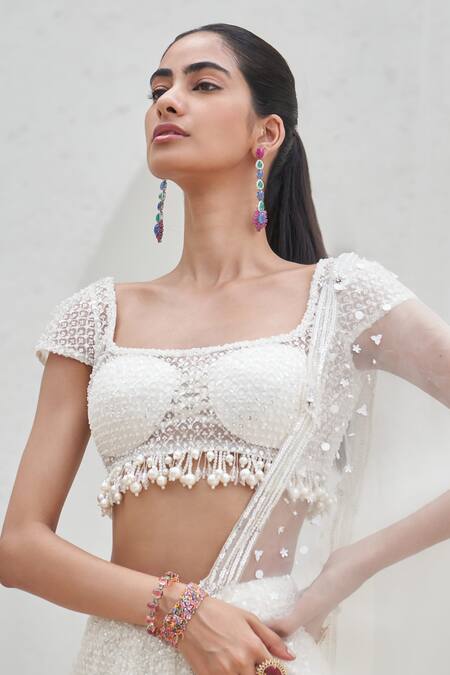 Shop_Mahima Mahajan_Ivory Net, Cotton Satin, Tehzeeb Embellished Pre-stitched Saree With Blouse_Online_at_Aza_Fashions