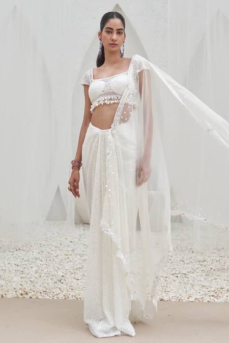 Mahima Mahajan_Ivory Net, Cotton Satin, Tehzeeb Embellished Pre-stitched Saree With Blouse_at_Aza_Fashions