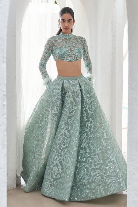 Mahima Mahajan Green Net Embroidered Crystal Band Rani Floral Embellished Lehenga With Blouse