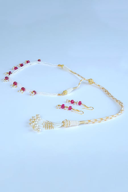 Shop Totapari White Pearls Ruby And Embellished Necklace Set at Aza Fashions Shop_Totapari_White Pearls Ruby And Embellished Necklace Set _at_Aza_Fashions