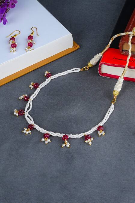 Totapari White Pearls Ruby And Embellished Necklace Set Online at Aza Fashions Totapari_White Pearls Ruby And Embellished Necklace Set _Online_at_Aza_Fashions