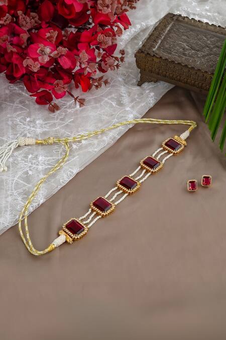Shop Totapari Red Zari Crimson Charm Embellished Choker Necklace Set at Aza Fashions Shop_Totapari_Red Zari Crimson Charm Embellished Choker Necklace Set _at_Aza_Fashions