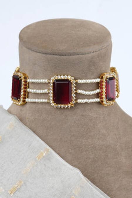 Totapari Red Zari Crimson Charm Embellished Choker Necklace Set Online at Aza Fashions Totapari_Red Zari Crimson Charm Embellished Choker Necklace Set _Online_at_Aza_Fashions
