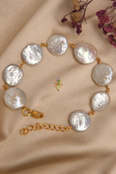 Shop Totapari White Pearls Fresh Water Embellished Bracelet at Aza Fashions Shop_Totapari_White Pearls Fresh Water Embellished Bracelet _at_Aza_Fashions