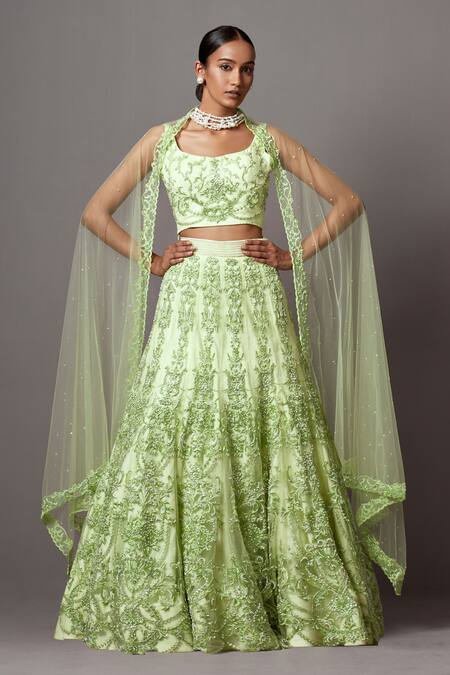 Mala and Kinnary Green Net Embroidered Pearl Floral Swirl Baroque Bridal Lehenga Set 