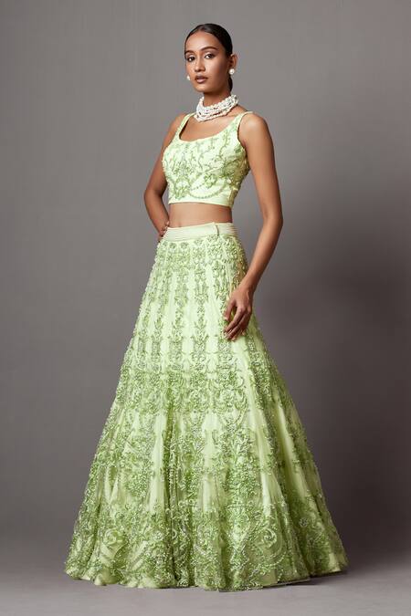 Mala And Kinnary_Green Net Embroidery, Pearls, Crystals Floral Swirl Baroque Bridal Lehenga Set_Online_at_Aza_Fashions