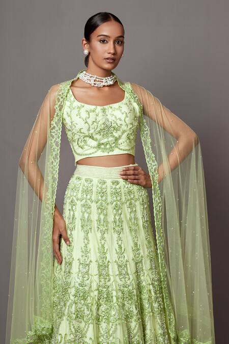 Buy_Mala And Kinnary_Green Net Embroidery, Pearls, Crystals Floral Swirl Baroque Bridal Lehenga Set_Online_at_Aza_Fashions