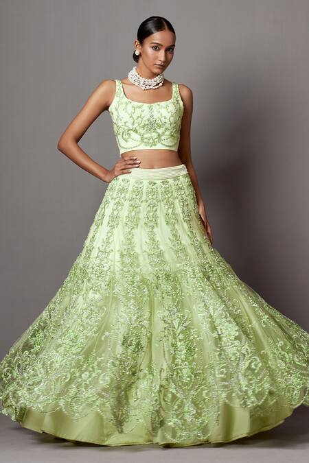 Shop_Mala And Kinnary_Green Net Embroidery, Pearls, Crystals Floral Swirl Baroque Bridal Lehenga Set_Online_at_Aza_Fashions