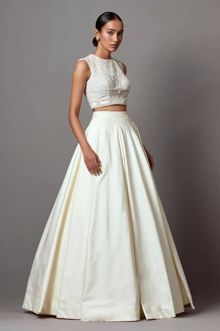 Mala And Kinnary_Ivory Taffeta Pearls, Sequins, Stones Embellished Blouse With Solid Lehenga_Online_at_Aza_Fashions